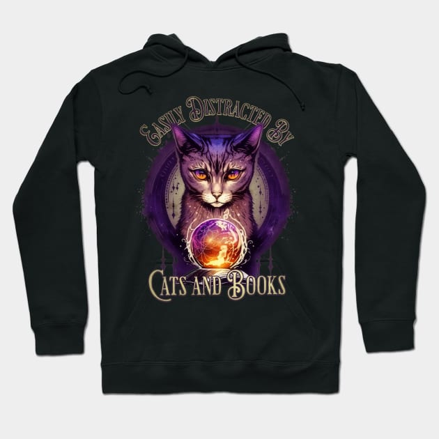 Easily Distracted By Books and Cats Design Hoodie by mythikcreationz